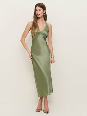 Reformation Nora Silk Dress In artichoke, NEW WITHOUT TAGS, NEVER WORN, NO FLAWS